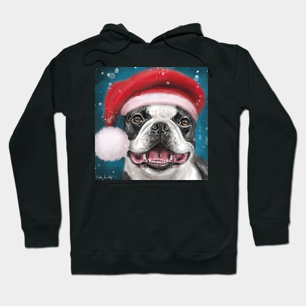 Painting of a Happy Boston Terrier Wearing a Santa Hat and Smiling on a Snowy Night Background Hoodie by ibadishi